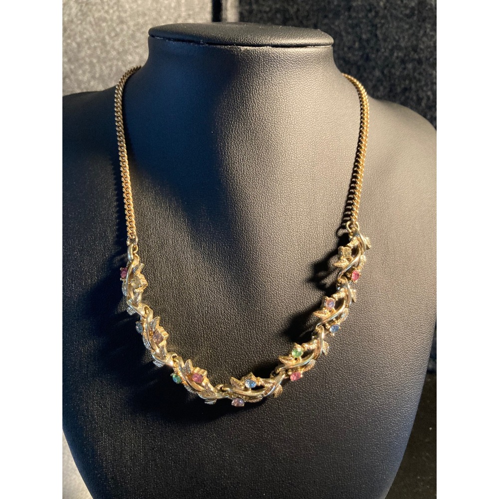 Vintage 1950s Floral Rhinestone Necklace Gold Tone‎ Pastel Vine Mid Century
